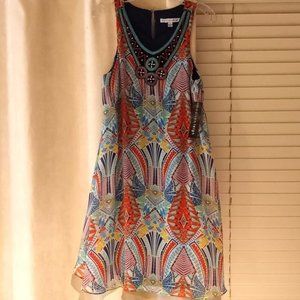 Madison Leigh - Orange/Multi Stylish Shift Dress with chrome bead accents.